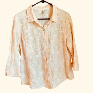 FOCUS Cotton Embroidered Light Peach Womens Medium Top Button Up 3/4 Sleeves